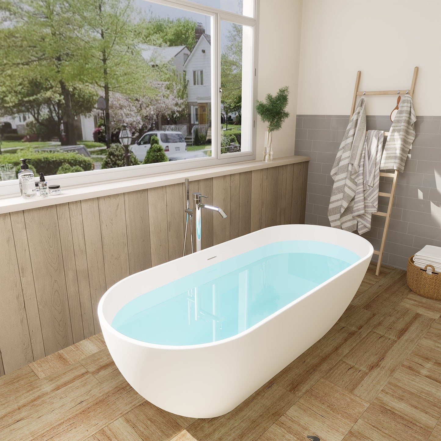 Ryder Solid Surface Soaking Bathtub with Drain and Integrated Overflow