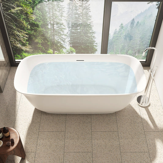 Sarnia Flatbottom Freestanding Acrylic Soaking Bathtub in Glossy White with Drain and Integrated Overflow