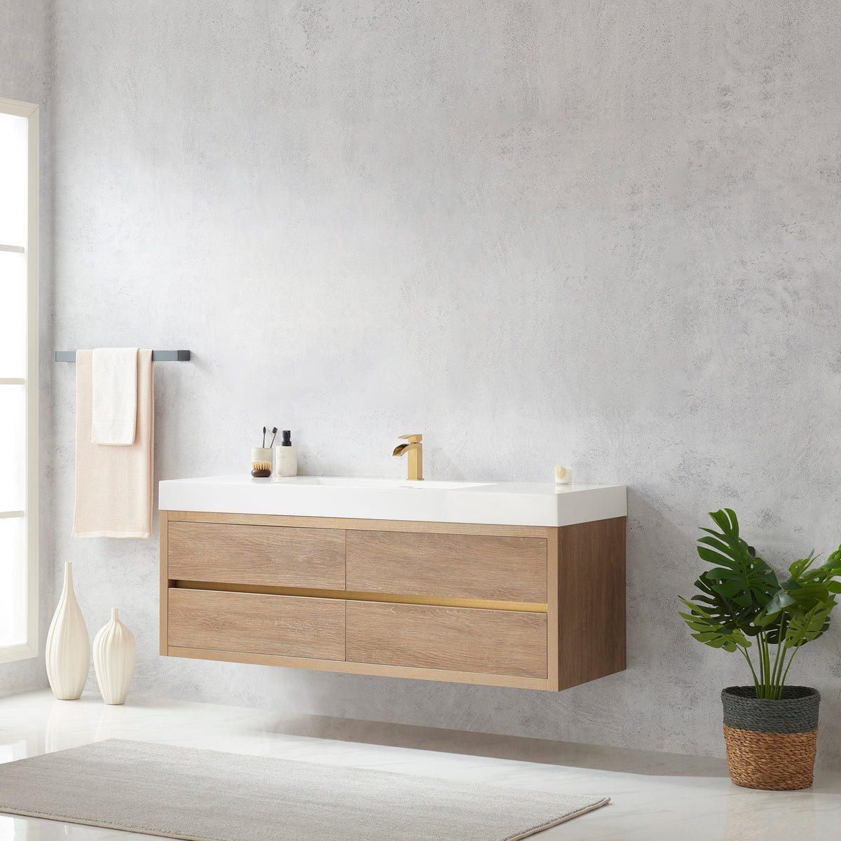 Palencia 60" Single Sink Wall-Mount Bath Vanity in North American Oak with White Composite Integral Square Sink Top