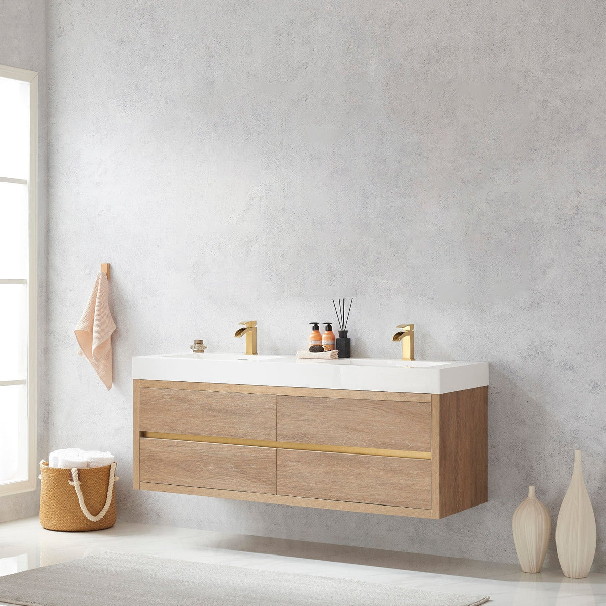 Palencia 60M" Double Sink Wall-Mount Bath Vanity in North American Oak with White Composite Integral Square Sink Top