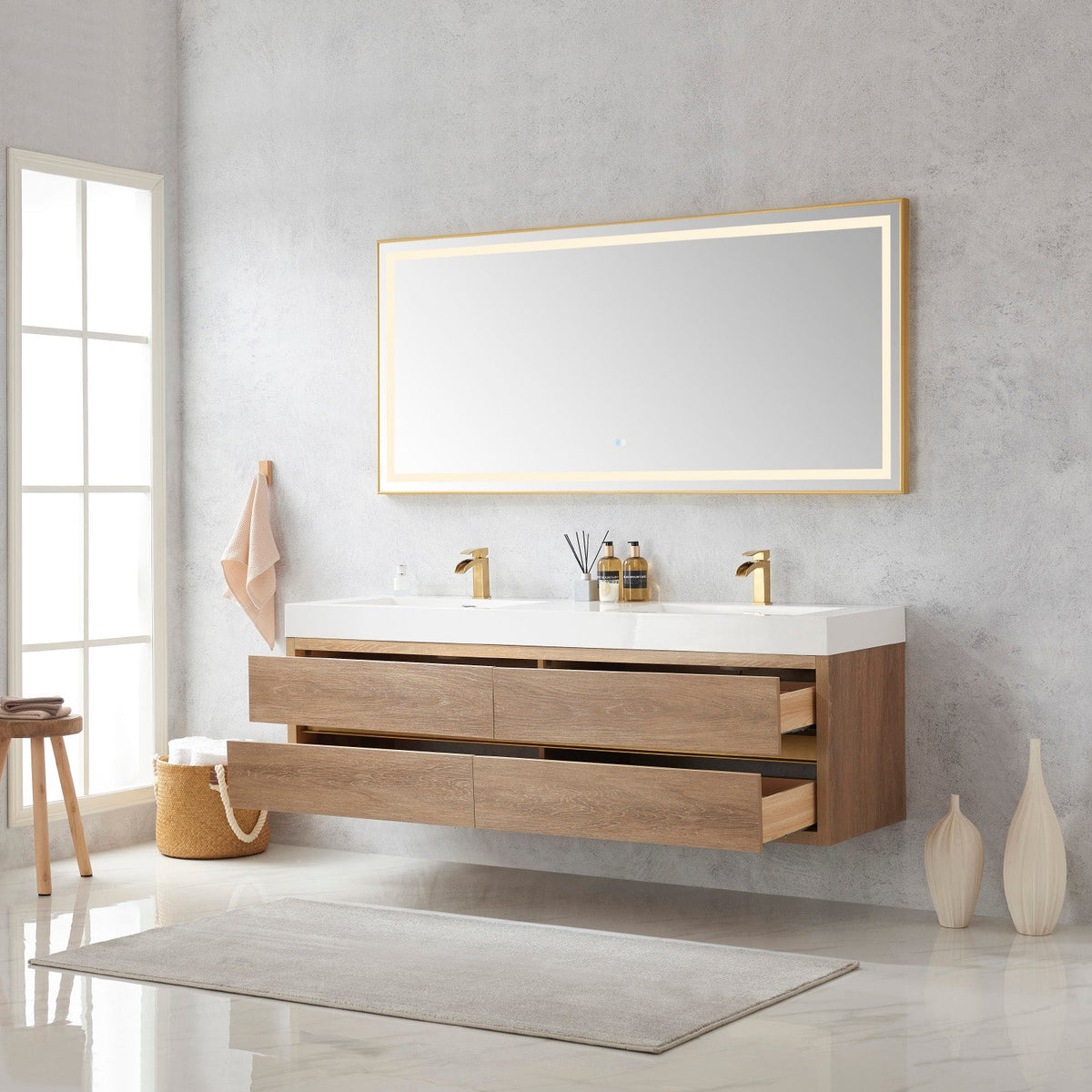 Palencia 72" Double Sink Wall-Mount Bath Vanity in North American Oak with White Composite Integral Square Sink Top