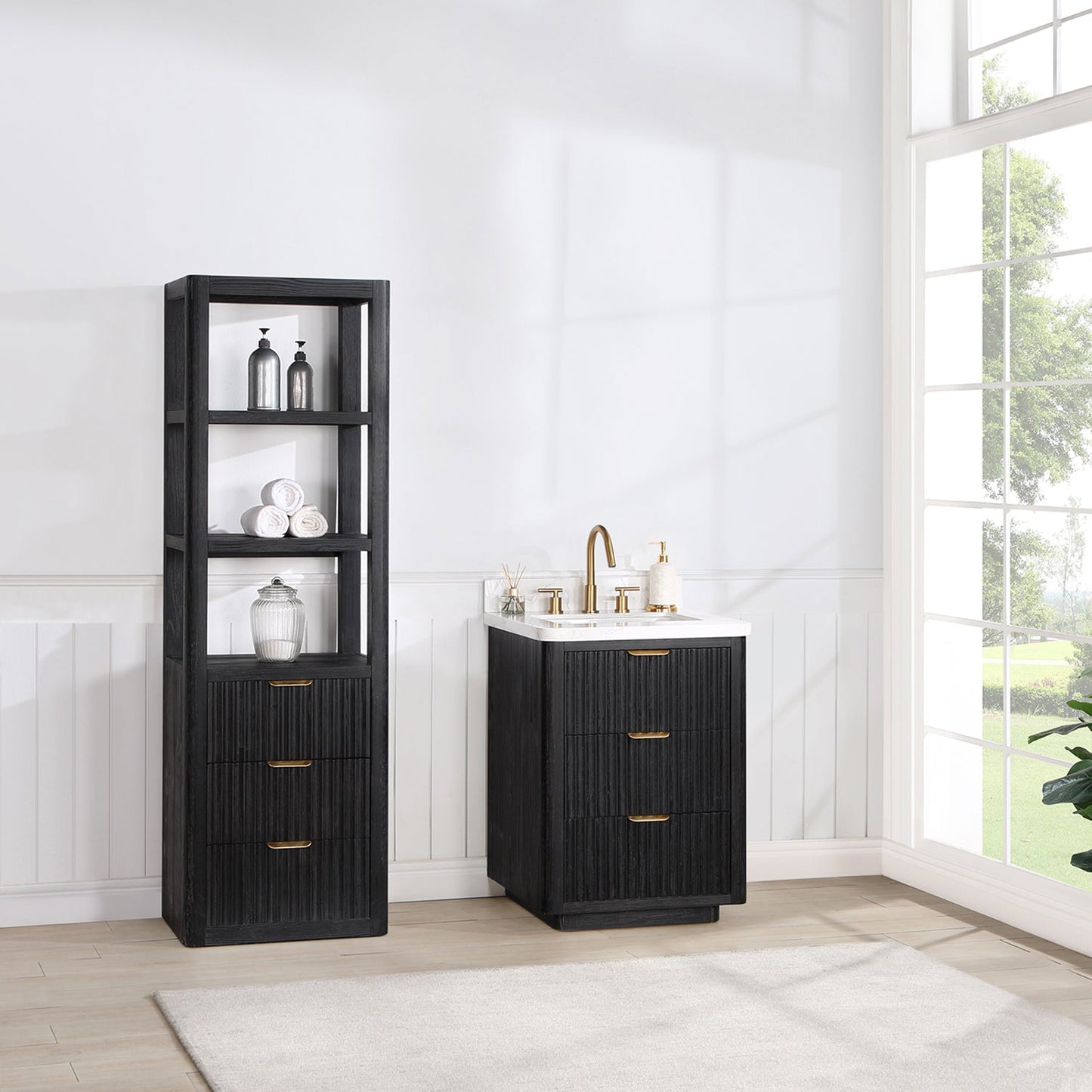Cádiz 24in. Free-standing Single Bathroom Vanity in Fir Wood Black with Composite Top in Lightning White