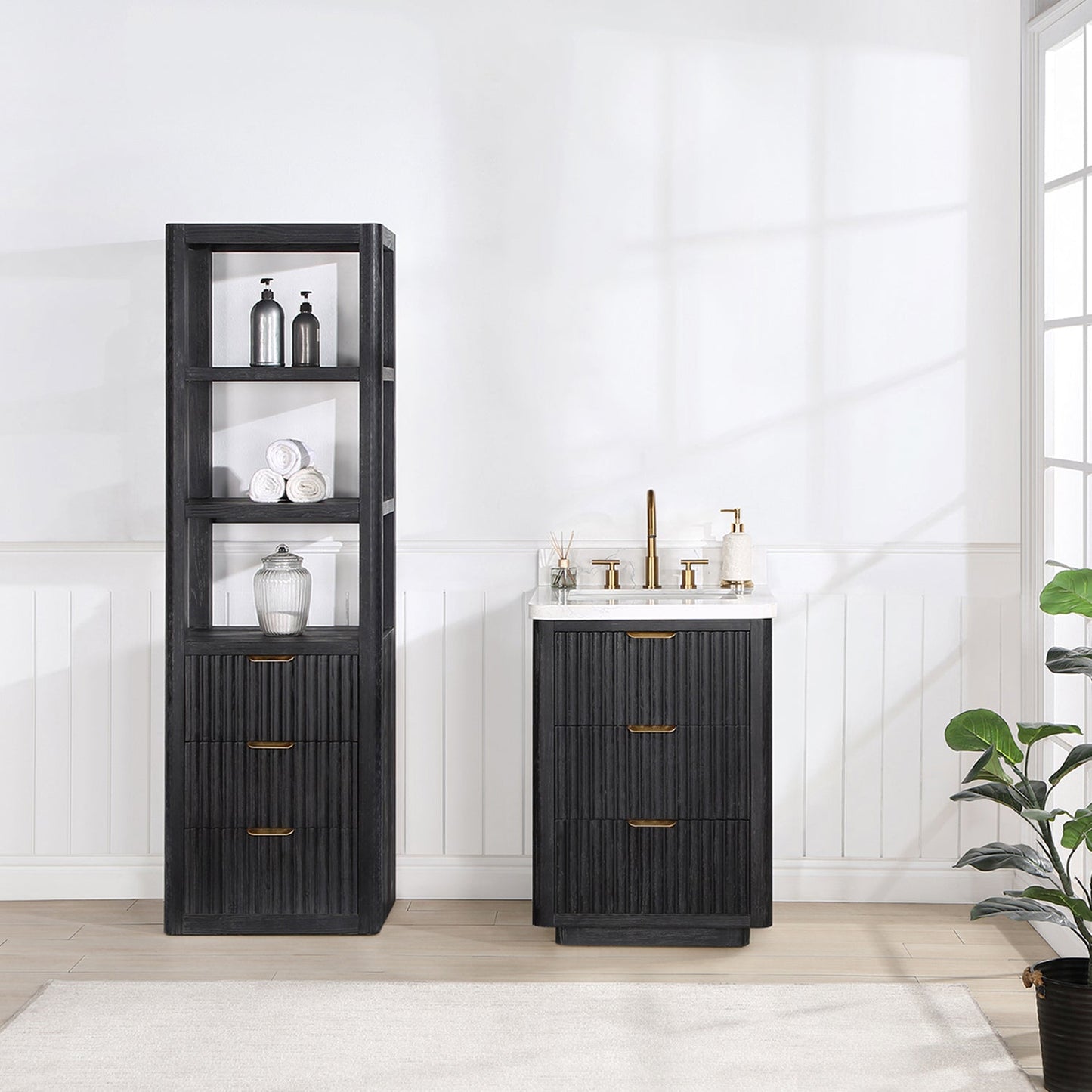 Cádiz 24in. Free-standing Single Bathroom Vanity in Fir Wood Black with Composite Top in Lightning White