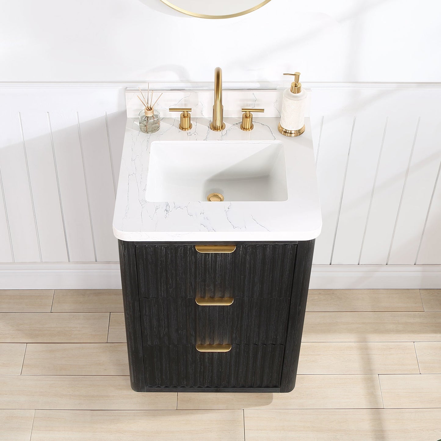 Cádiz 24in. Free-standing Single Bathroom Vanity in Fir Wood Black with Composite Top in Lightning White