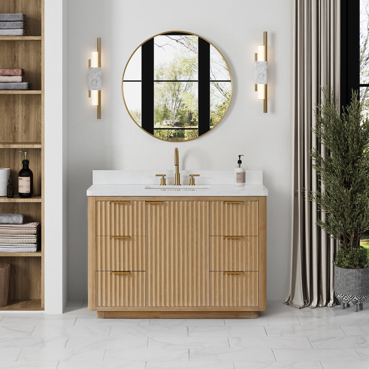 Cádiz 48in. Free-standing Single Bathroom Vanity in Washed Ash Grey with Composite top in Lightning White | Brushed Gold