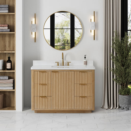 Cádiz 48in. Free-standing Single Bathroom Vanity in Washed Ash Grey with Composite top in Lightning White | Brushed Gold