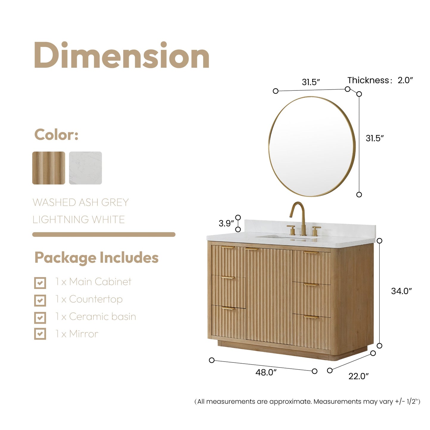 Cádiz 48in. Free-standing Single Bathroom Vanity in Washed Ash Grey with Composite top in Lightning White | Brushed Gold