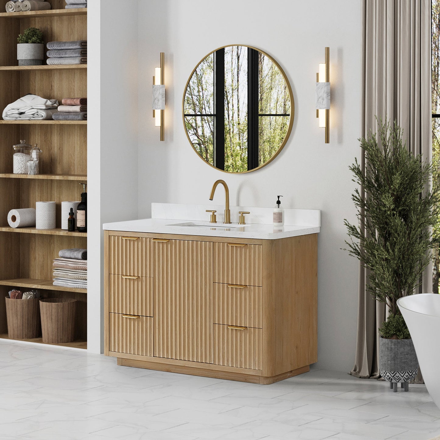 Cádiz 48in. Free-standing Single Bathroom Vanity in Washed Ash Grey with Composite top in Lightning White | Brushed Gold