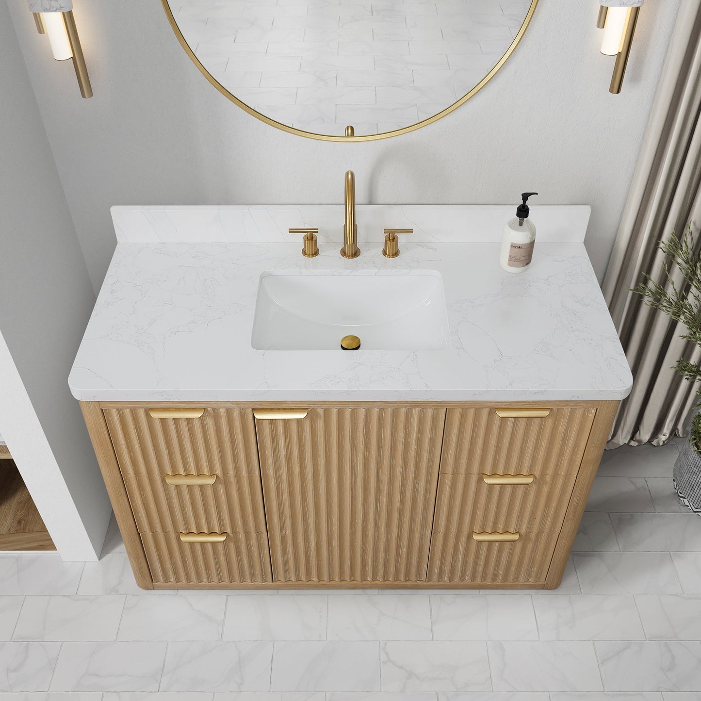 Cádiz 48in. Free-standing Single Bathroom Vanity in Washed Ash Grey with Composite top in Lightning White | Brushed Gold