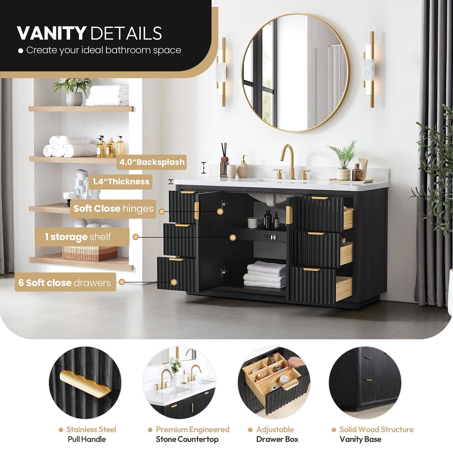 Cádiz 60" Free-standing Single Bathroom Vanity in Fir Wood Black