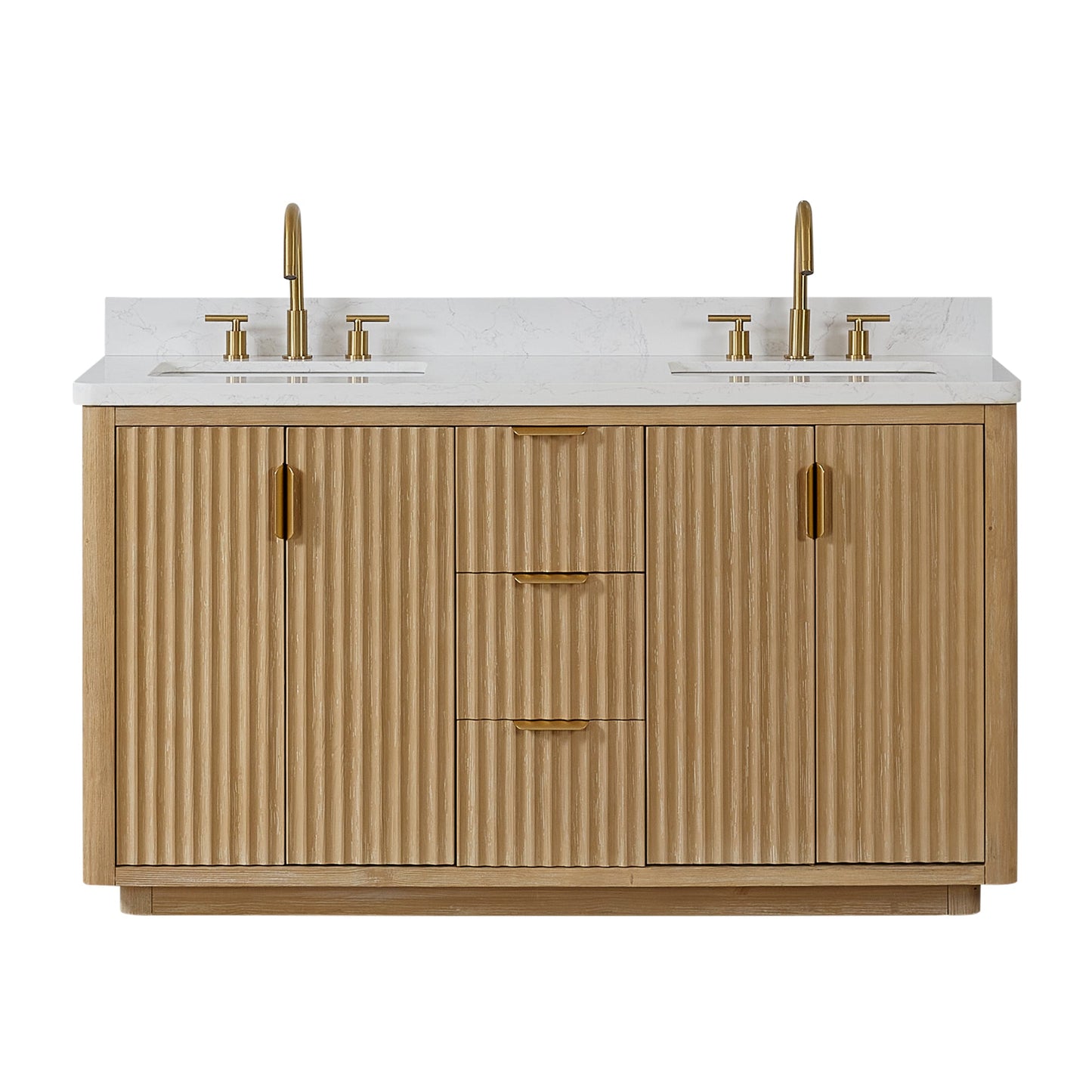 Cádiz 60in. Free-standing Double Bathroom Vanity in Washed Ash Grey with Composite top in Lightning White | Brushed Gold