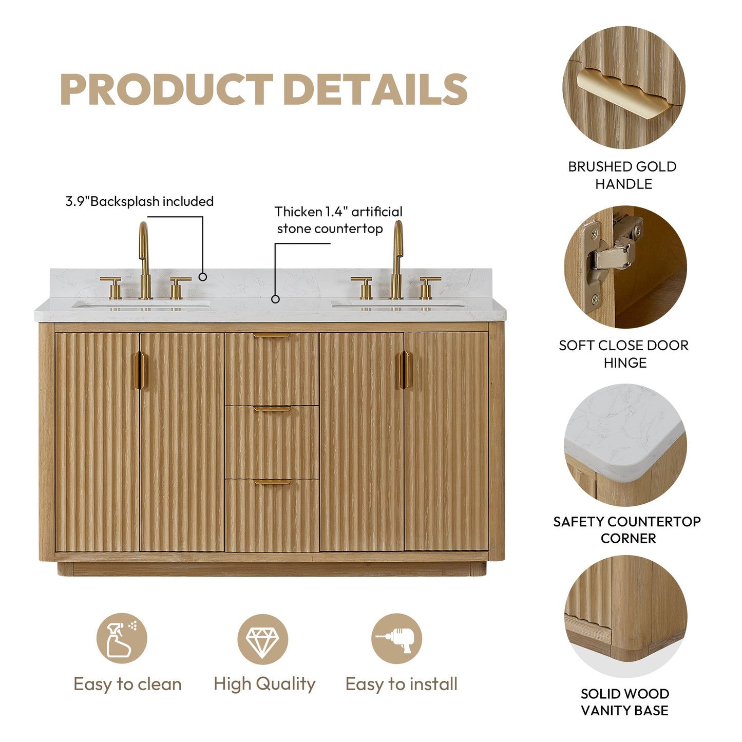 Cádiz 60in. Free-standing Double Bathroom Vanity in Washed Ash Grey with Composite top in Lightning White | Brushed Gold