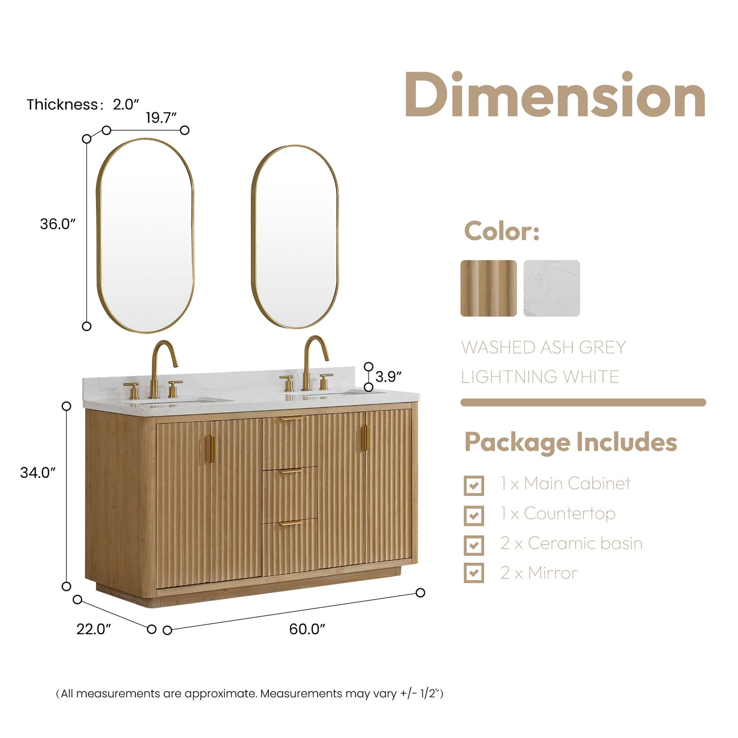 Cádiz 60in. Free-standing Double Bathroom Vanity in Washed Ash Grey with Composite top in Lightning White | Brushed Gold