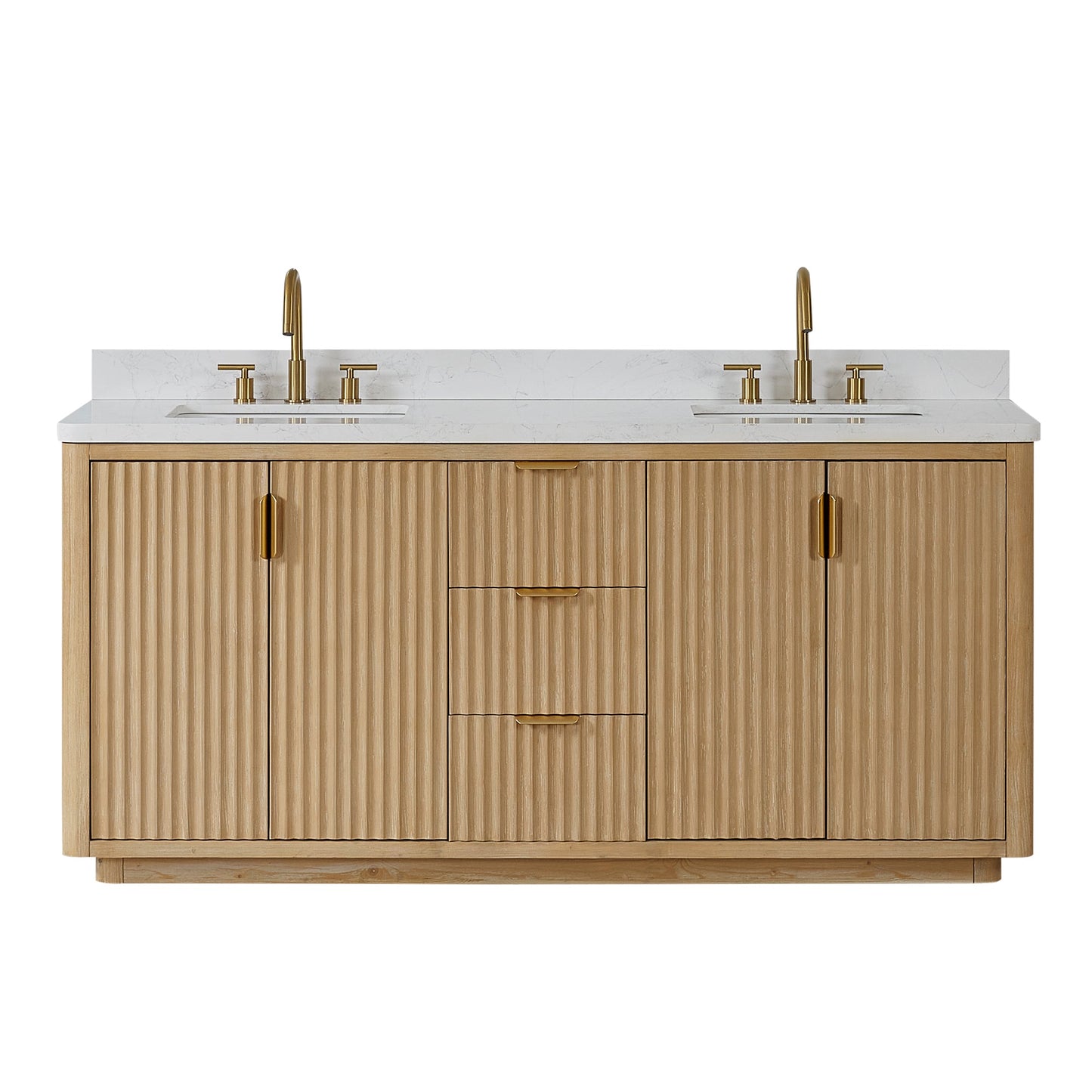 Cádiz 72in. Free-standing Double Bathroom Vanity in Washed Ash Grey with Composite top in Lightning White | Brushed Gold