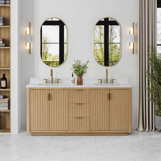 Cádiz 72in. Free-standing Double Bathroom Vanity in Washed Ash Grey with Composite top in Lightning White | Brushed Gold