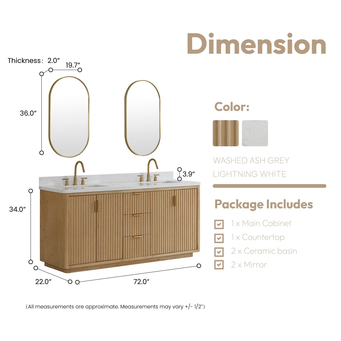 Cádiz 72in. Free-standing Double Bathroom Vanity in Washed Ash Grey with Composite top in Lightning White | Brushed Gold