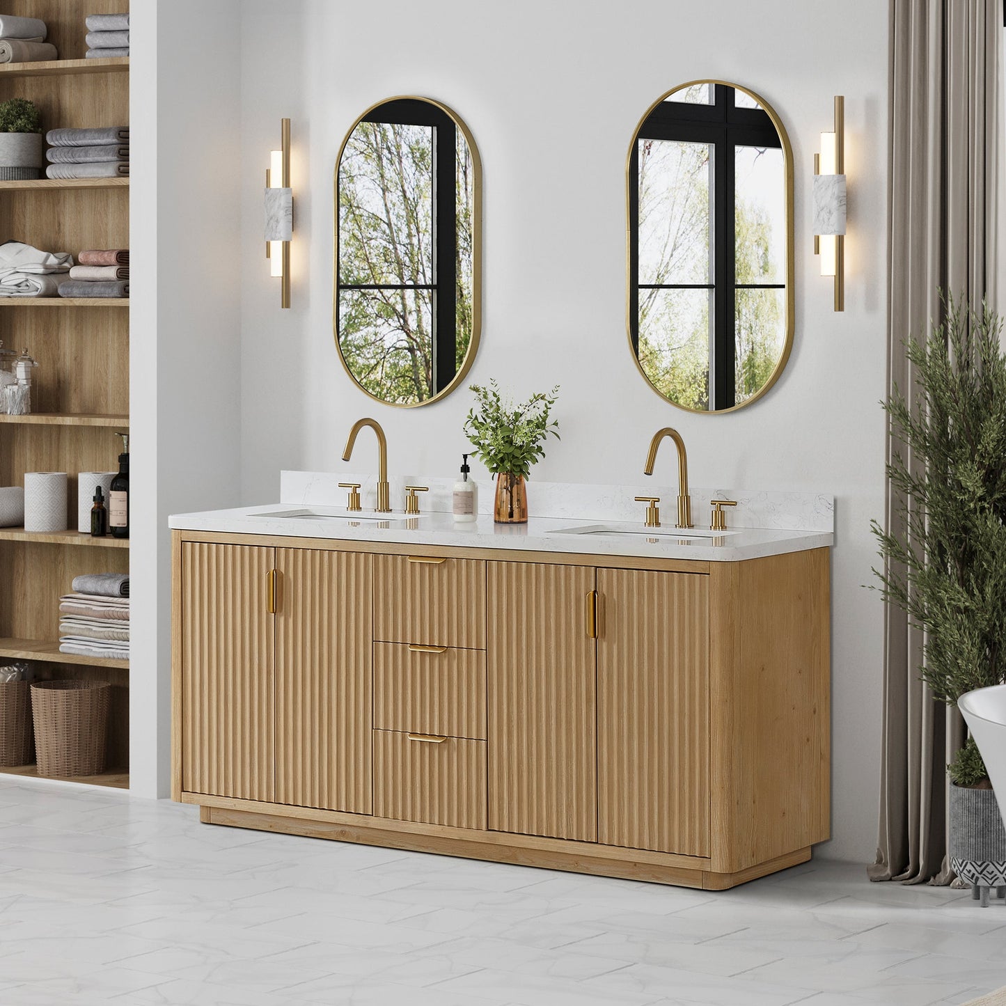 Cádiz 72in. Free-standing Double Bathroom Vanity in Washed Ash Grey with Composite top in Lightning White | Brushed Gold