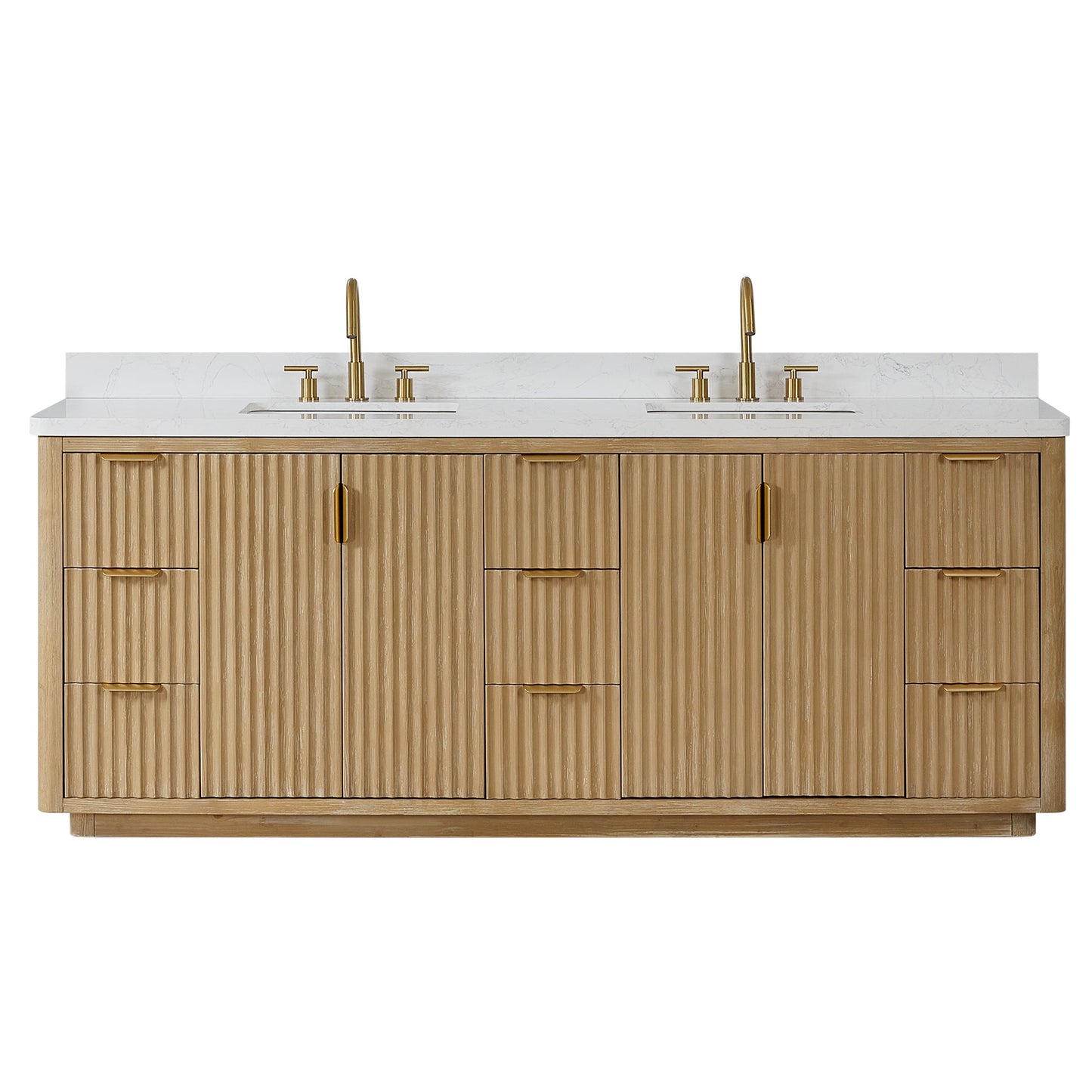 Cádiz 84in. Free-standing Double Bathroom Vanity in Washed Ash Grey with Composite top in Lightning White | Brushed Gold