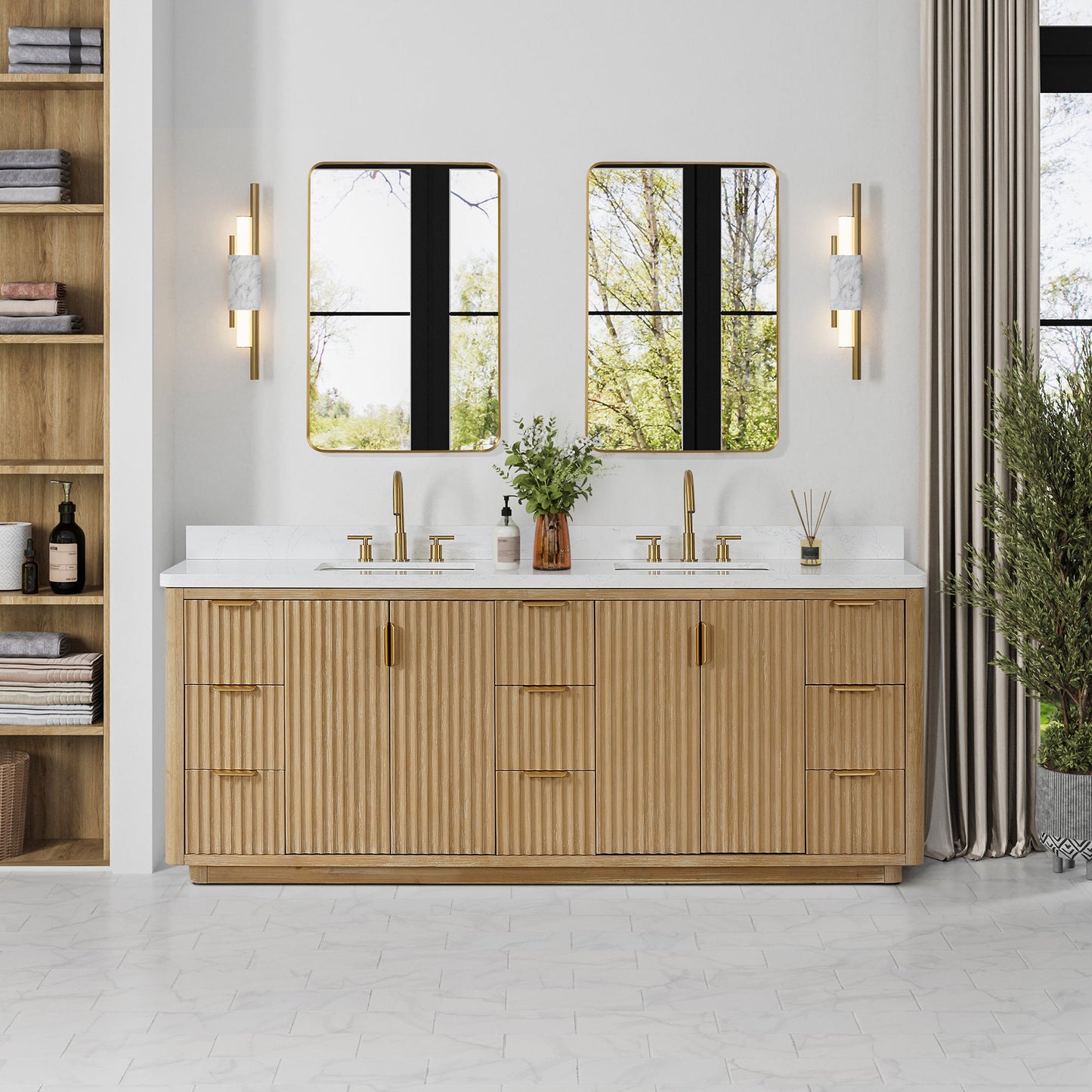 Cádiz 84in. Free-standing Double Bathroom Vanity in Washed Ash Grey with Composite top in Lightning White | Brushed Gold