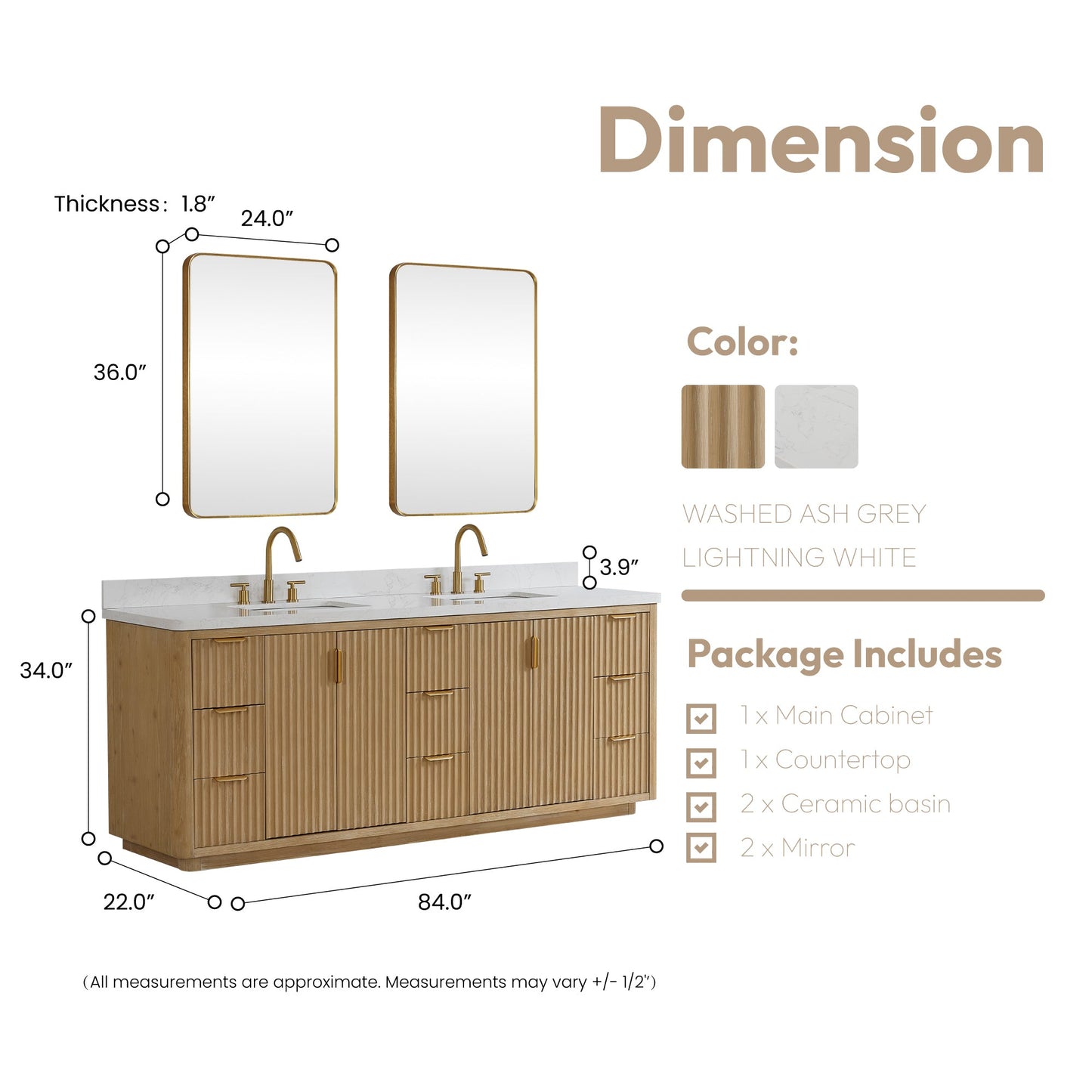 Cádiz 84in. Free-standing Double Bathroom Vanity in Washed Ash Grey with Composite top in Lightning White | Brushed Gold