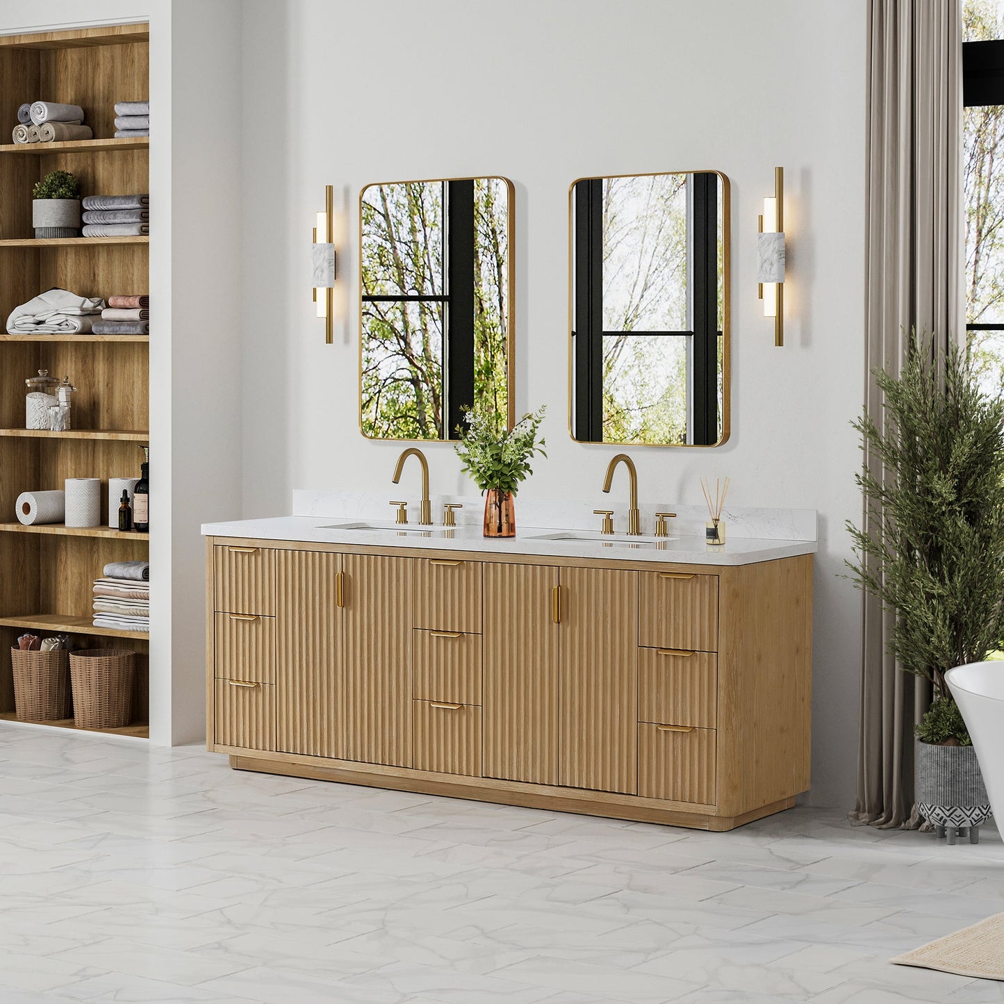 Cádiz 84in. Free-standing Double Bathroom Vanity in Washed Ash Grey with Composite top in Lightning White | Brushed Gold