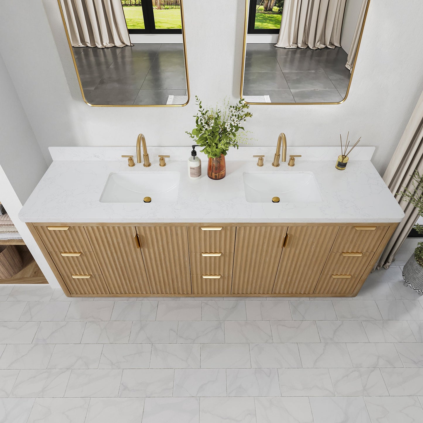 Cádiz 84in. Free-standing Double Bathroom Vanity in Washed Ash Grey with Composite top in Lightning White | Brushed Gold