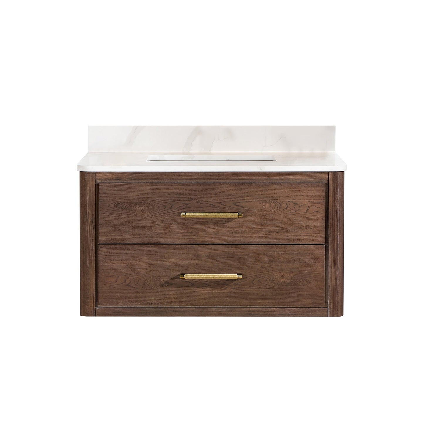 Cristo 36" Floating Single Bath Vanity in Aged Dark Brown Oak with Fish Maw White Quartz Stone Top