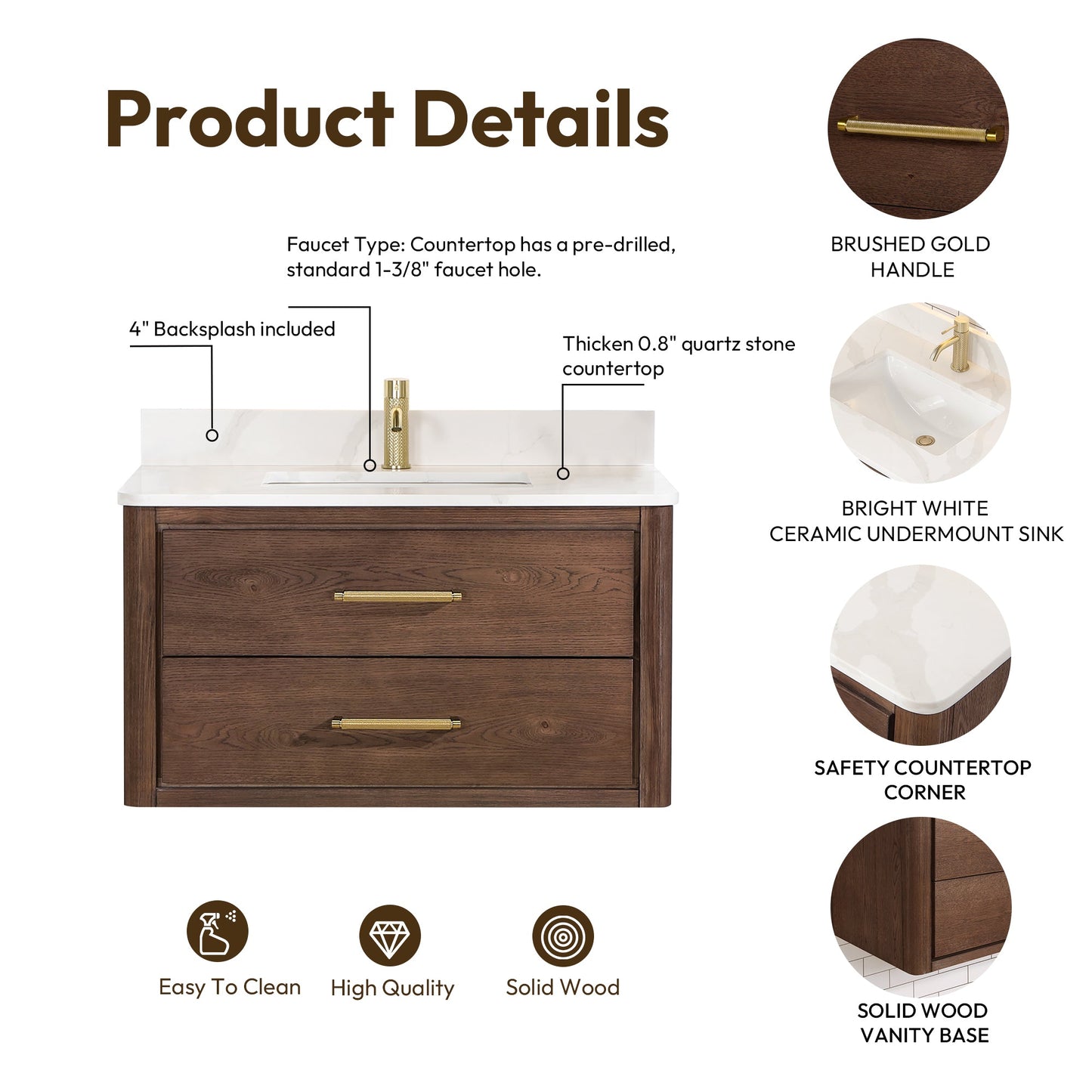 Cristo 36" Floating Single Bath Vanity in Aged Dark Brown Oak with Fish Maw White Quartz Stone Top