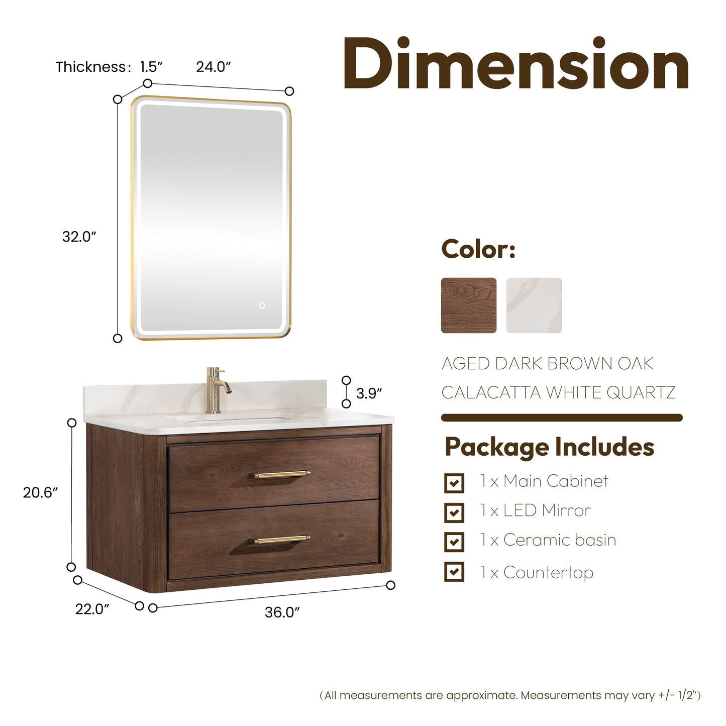 Cristo 36" Floating Single Bath Vanity in Aged Dark Brown Oak with Fish Maw White Quartz Stone Top