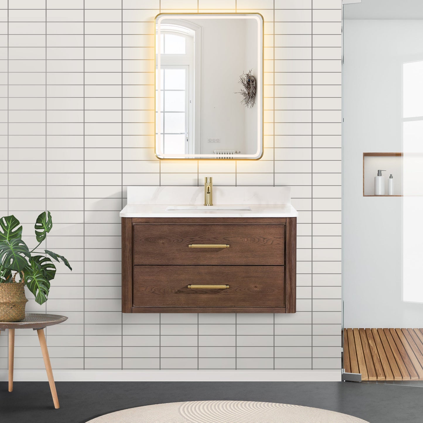 Cristo 36" Floating Single Bath Vanity in Aged Dark Brown Oak with Fish Maw White Quartz Stone Top