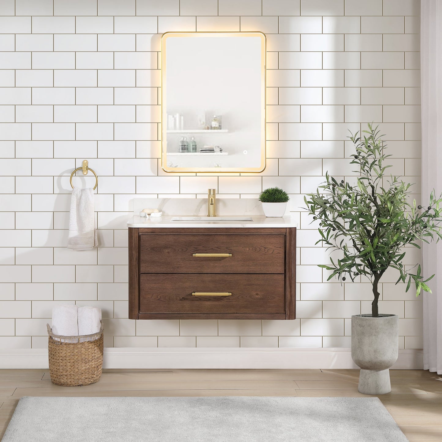 Cristo 36" Floating Single Bath Vanity in Aged Dark Brown Oak with Fish Maw White Quartz Stone Top
