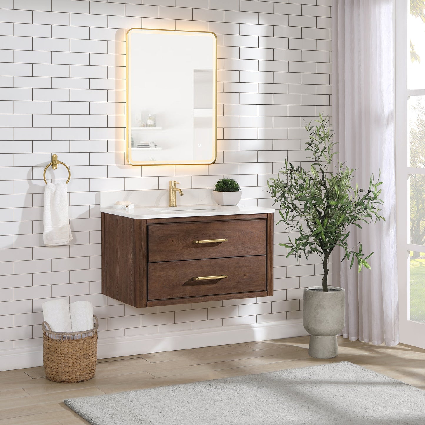Cristo 36" Floating Single Bath Vanity in Aged Dark Brown Oak with Fish Maw White Quartz Stone Top