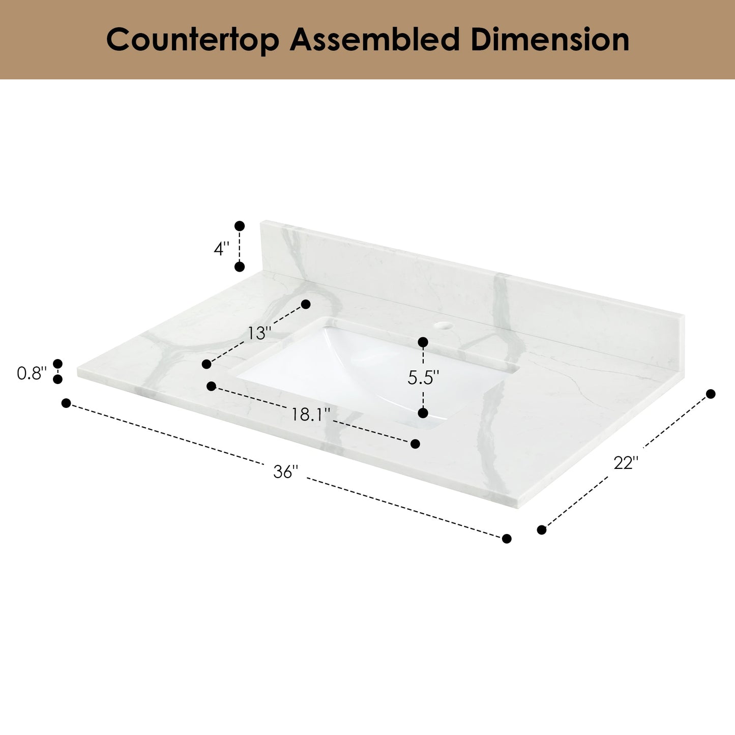 Arbios in Quartz Vanity Top in Calacatta White with White Sink