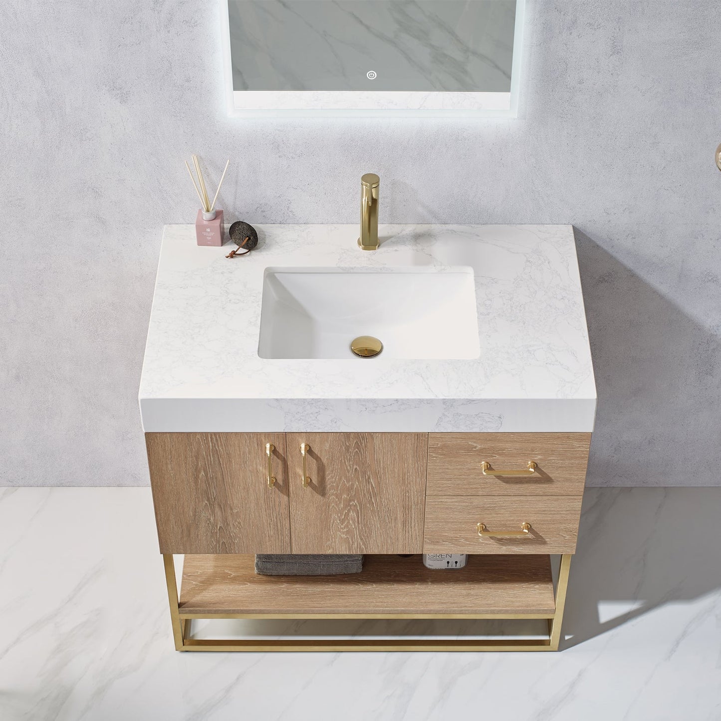 Alistair 36" Single Vanity in North American Oak | Brushed Gold