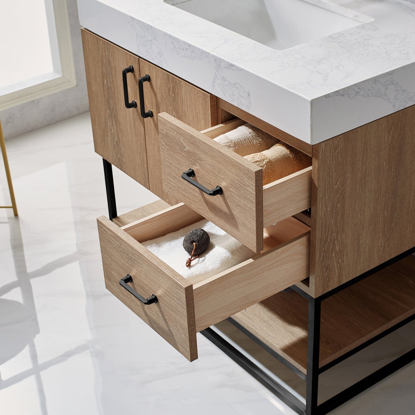 Alistair 36B" Single Vanity in North American Oak | Matte Black