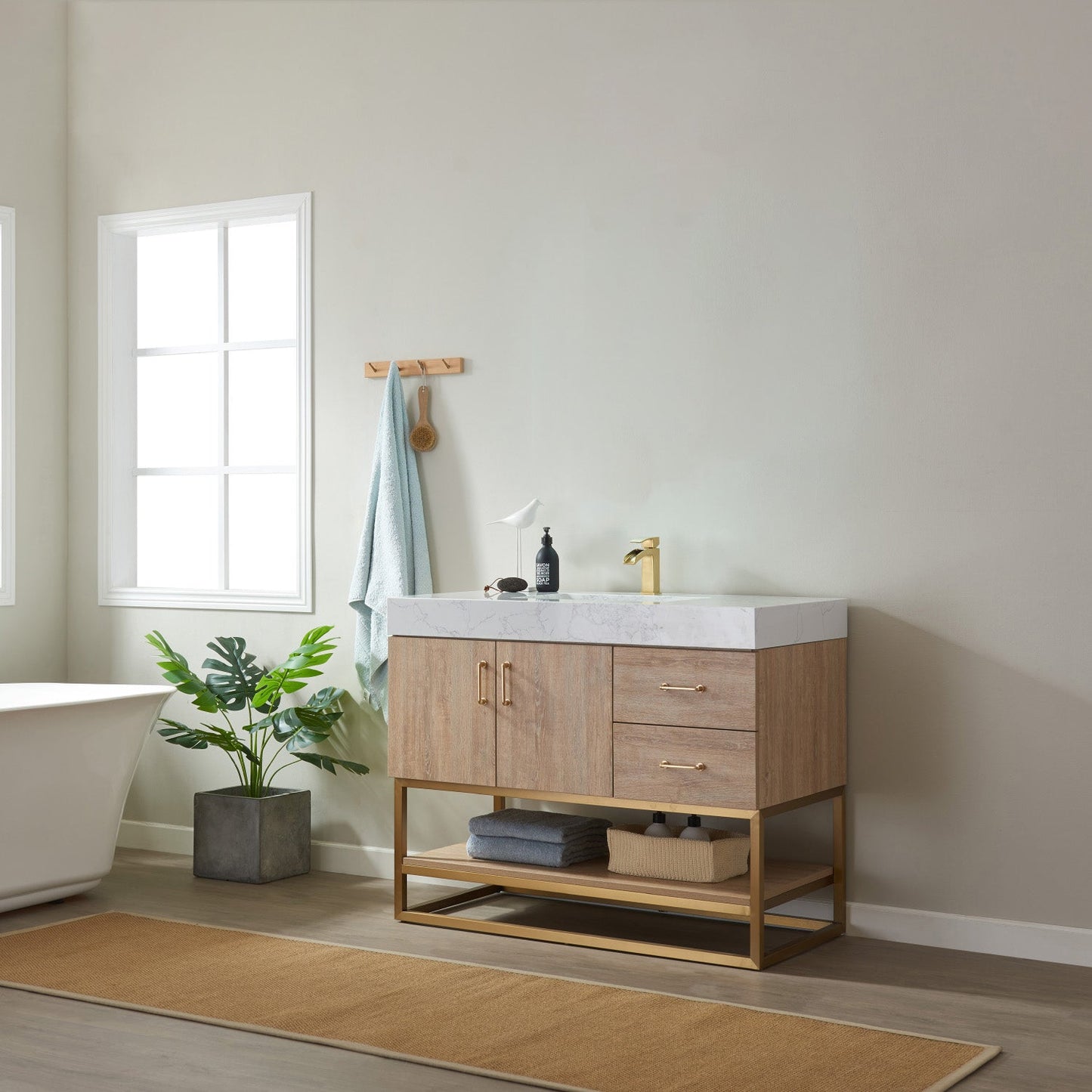 Alistair 42" Single Vanity in North American Oak | Brushed Gold