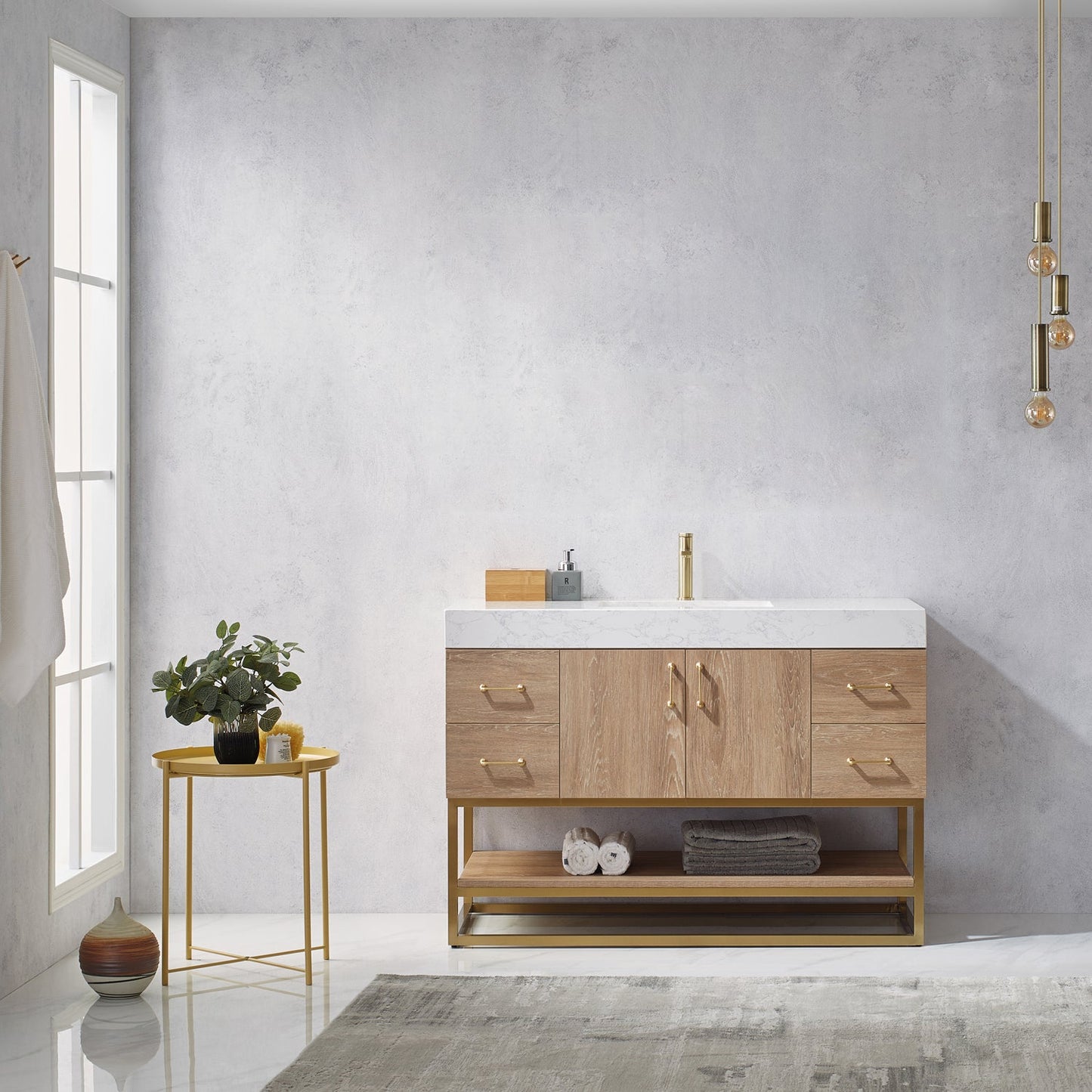 Alistair 48" Single Vanity in North American Oak | Brushed Gold