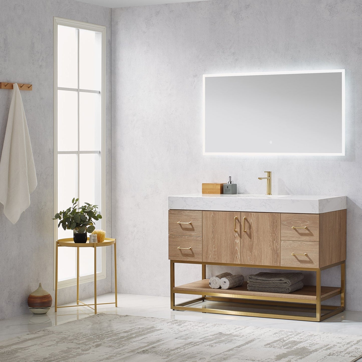 Alistair 48" Single Vanity in North American Oak | Brushed Gold