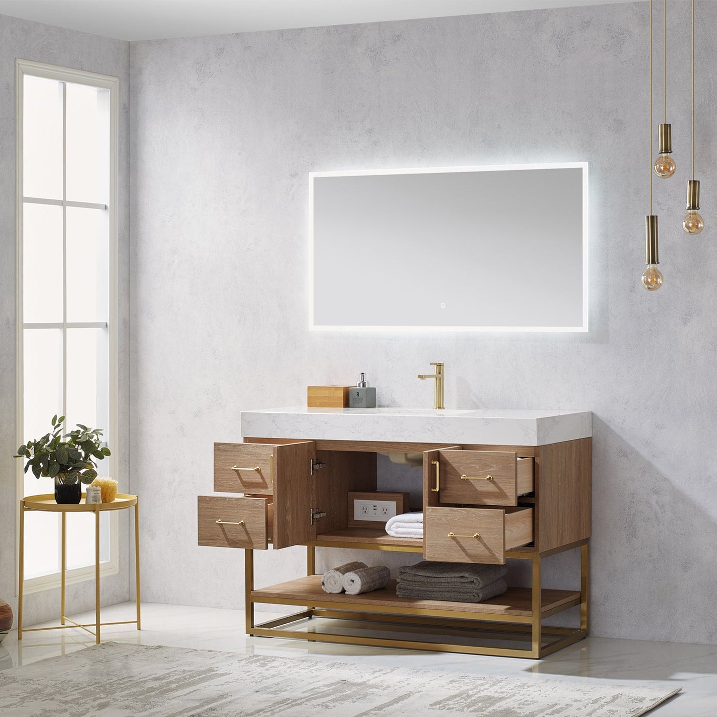 Alistair 48" Single Vanity in North American Oak | Brushed Gold