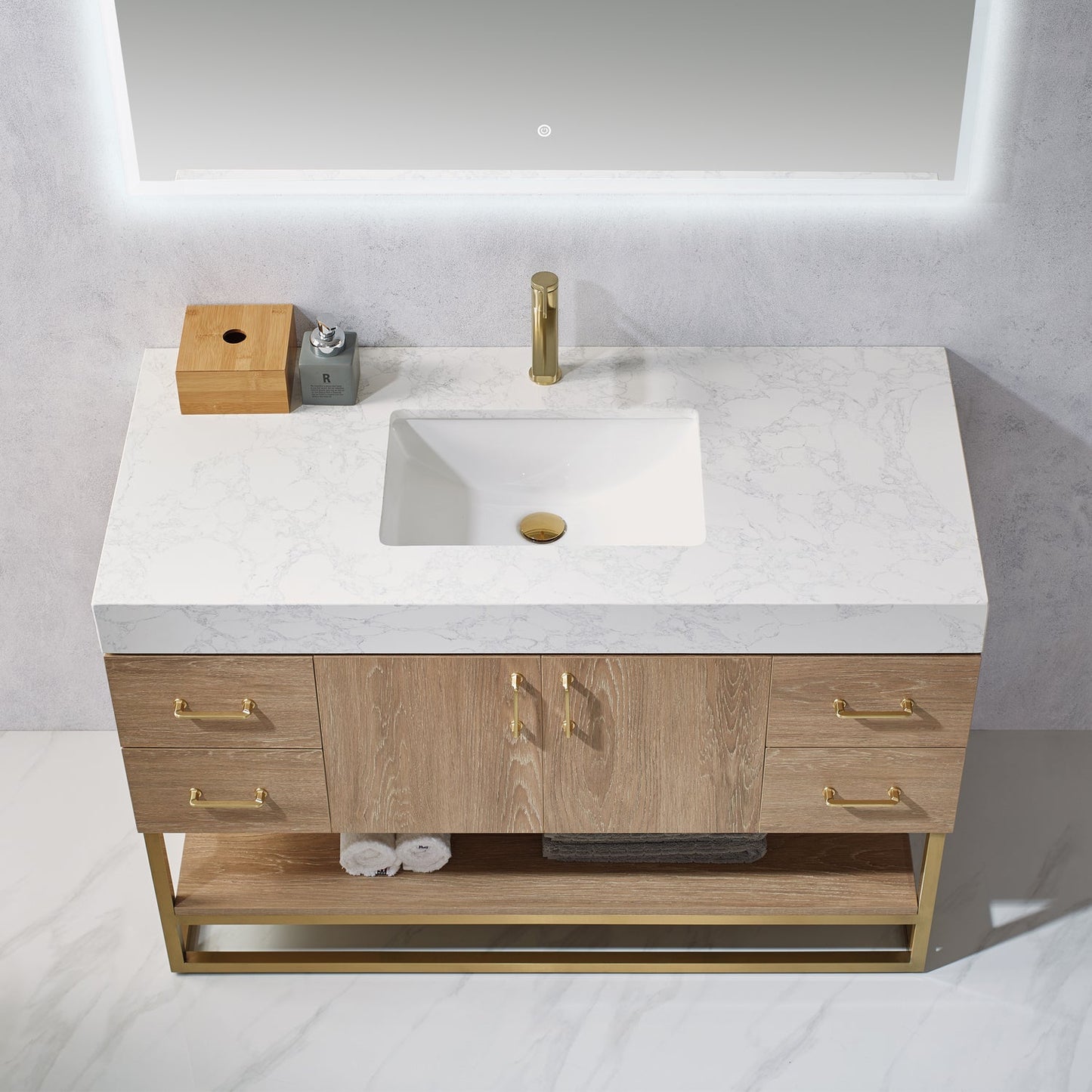 Alistair 48" Single Vanity in North American Oak | Brushed Gold