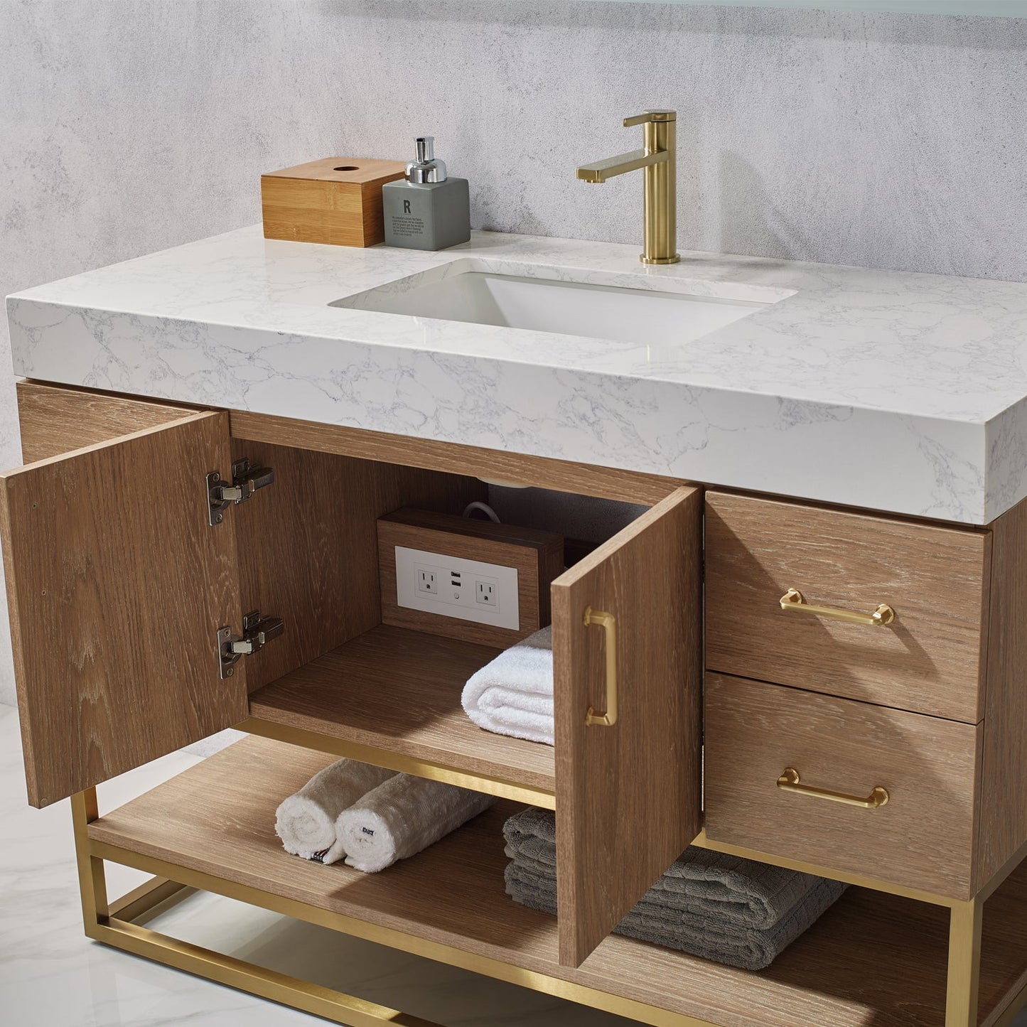 Alistair 48" Single Vanity in North American Oak | Brushed Gold
