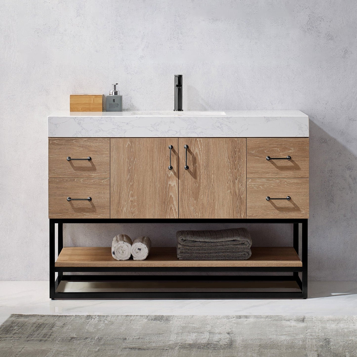 Alistair 48B" Single Vanity in North American Oak | Matte Black