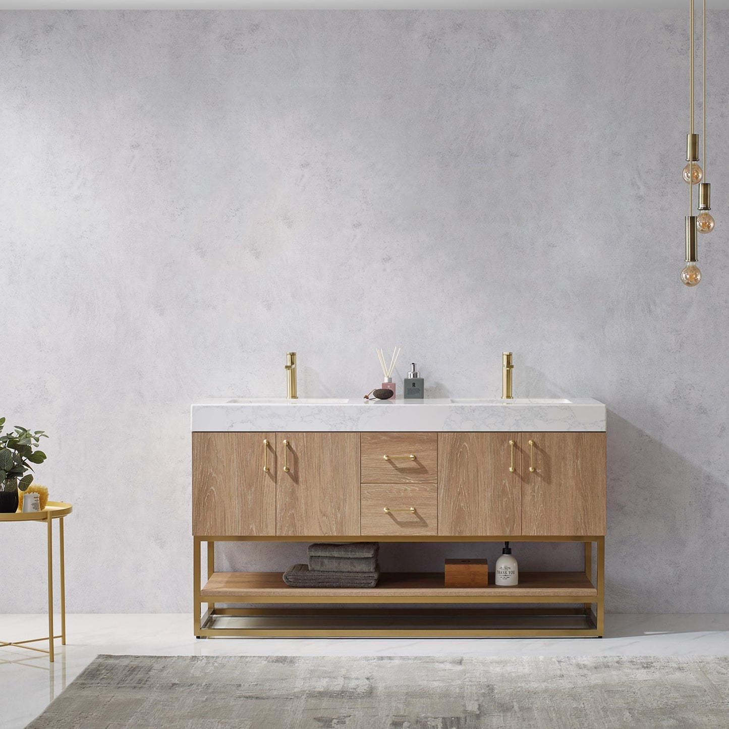 Alistair 60" Double Vanity in North American Oak | Brushed Gold