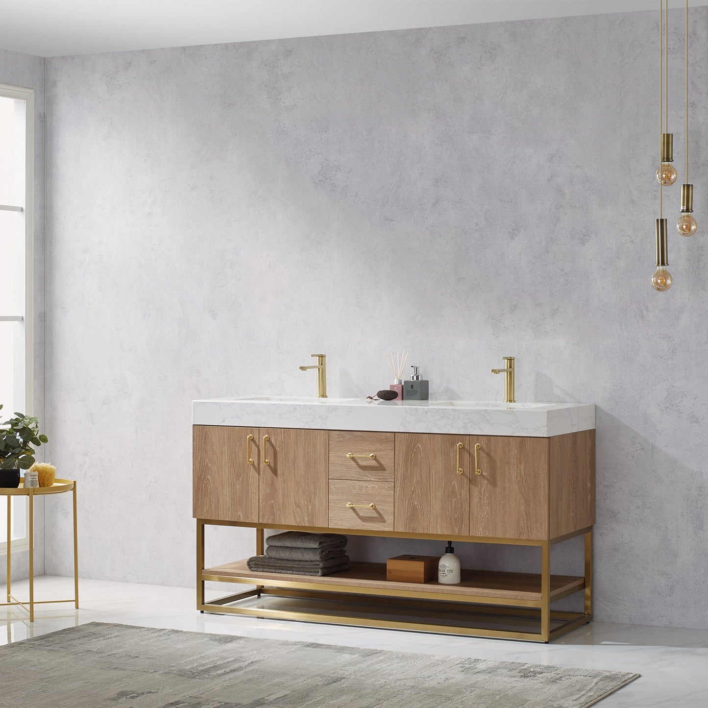 Alistair 60" Double Vanity in North American Oak | Brushed Gold
