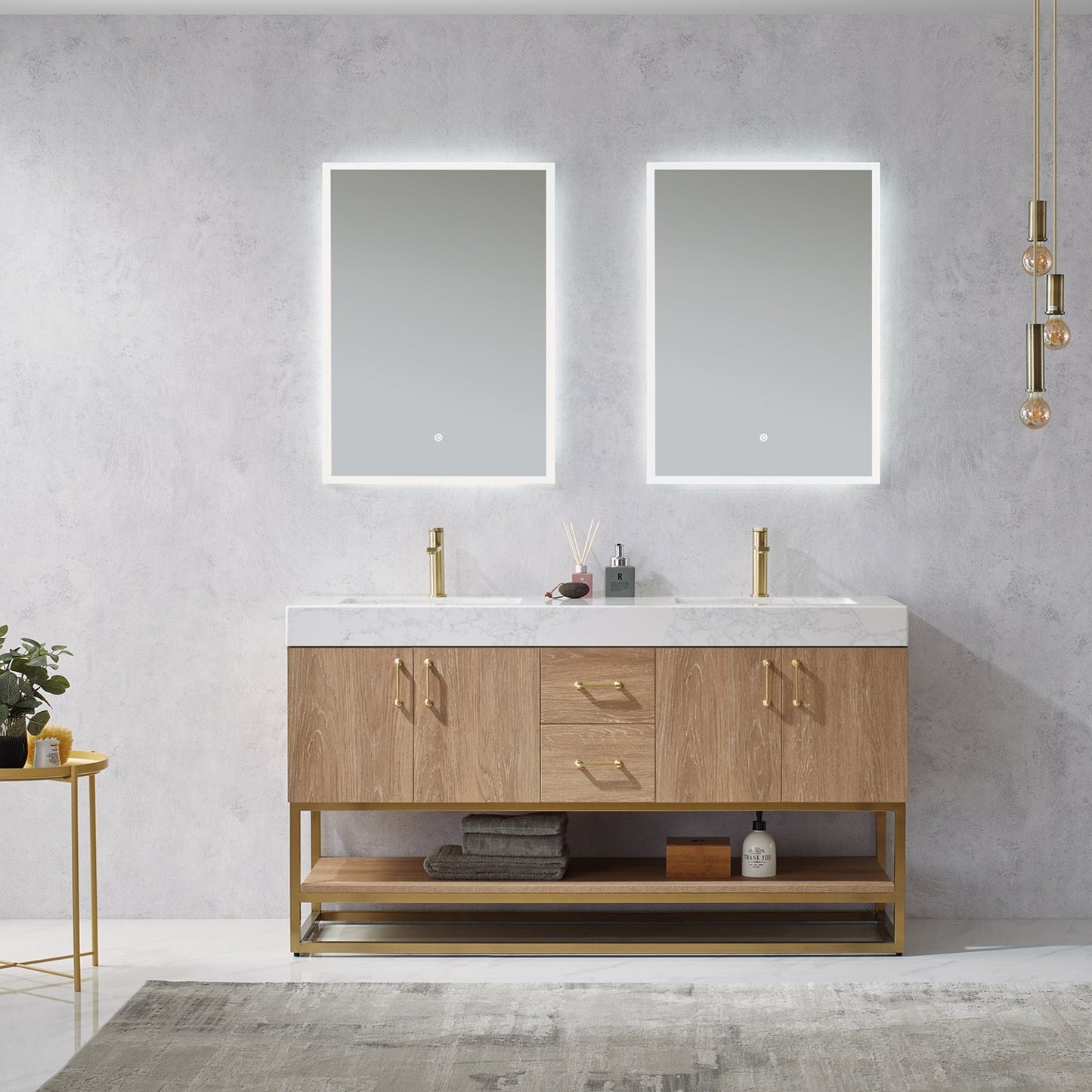 Alistair 60" Double Vanity in North American Oak | Brushed Gold