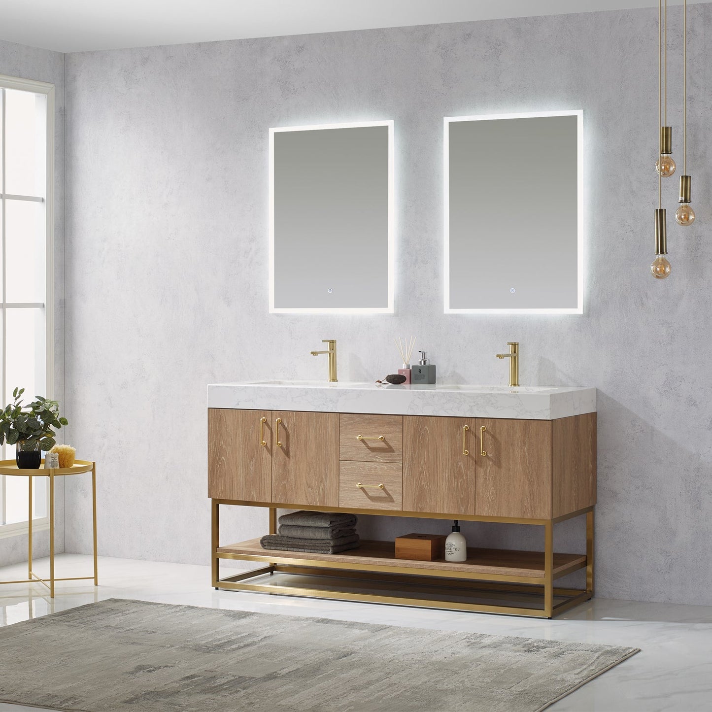 Alistair 60" Double Vanity in North American Oak | Brushed Gold