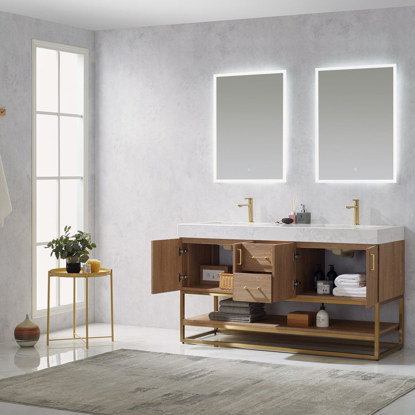 Alistair 60" Double Vanity in North American Oak | Brushed Gold
