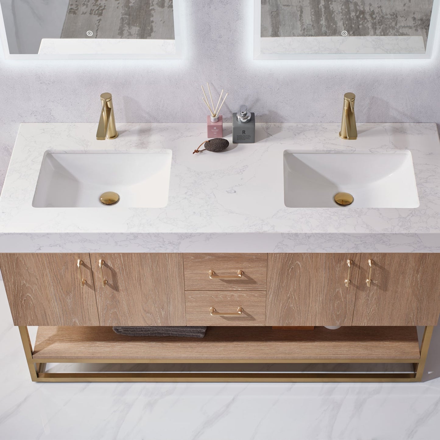 Alistair 60" Double Vanity in North American Oak | Brushed Gold
