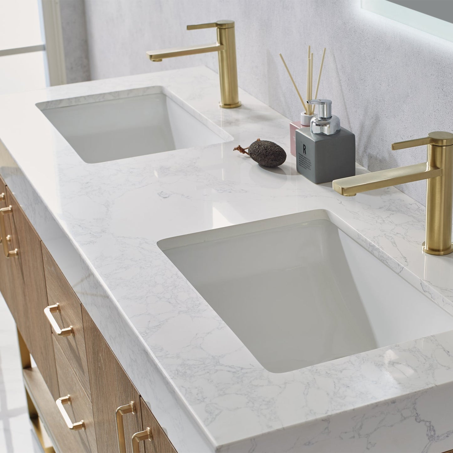 Alistair 60" Double Vanity in North American Oak | Brushed Gold