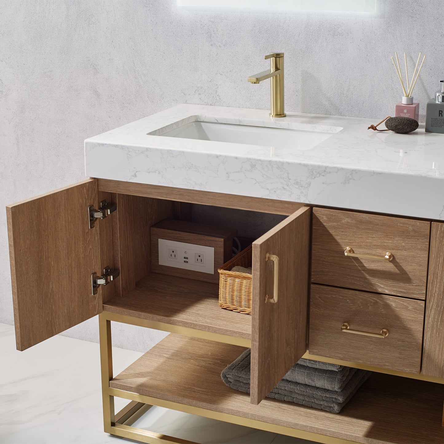 Alistair 60" Double Vanity in North American Oak | Brushed Gold